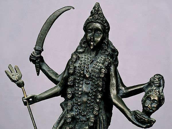 Brass Sculpture of the Hindu Goddess Kali Dancing Wearing a Crown & Garland  of Skulls 23 (#89bs42z): Hindu Gods & Buddha Statues