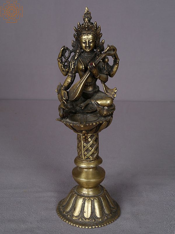 12" Brass Goddess Saraswati Lamp from Nepal