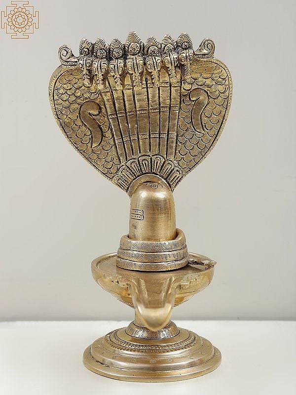 8" Brass Shiva Linga with Seven Headed Snake