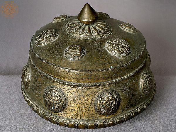 10" Tibetan Tsampa Bowl with Ashtamangala Symbol from Nepal | Brass Bowl