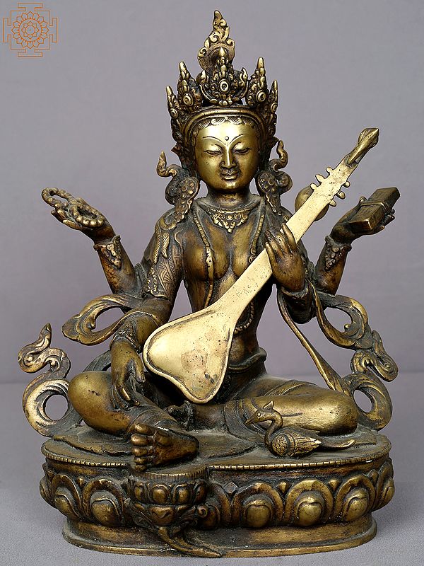 13" Brass Goddess Saraswati Figurine from Nepal