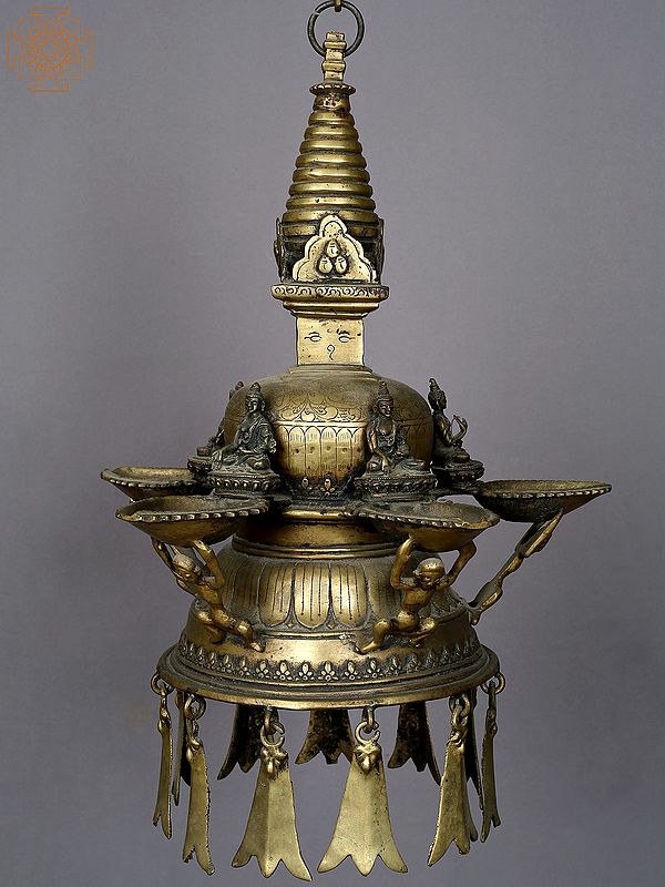 16” Stupa with Five Dhyani Buddha Hanging Lamp from Nepal