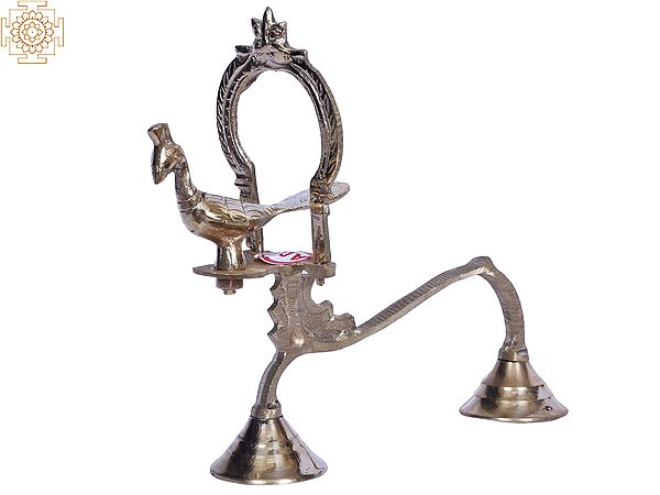 8" Brass Shodash Upachara Lamp - Peacock