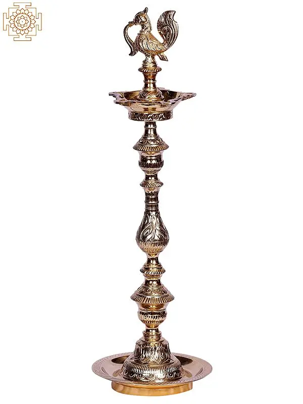 22" Brass Peacock Design Oil Lamp
