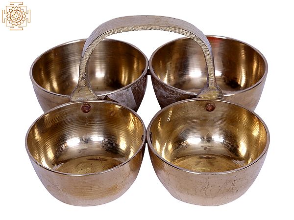 3" Small Brass Puja Chawal, Kumkum, Turmeric Sandal Bowl (4 Ritual Bowls)