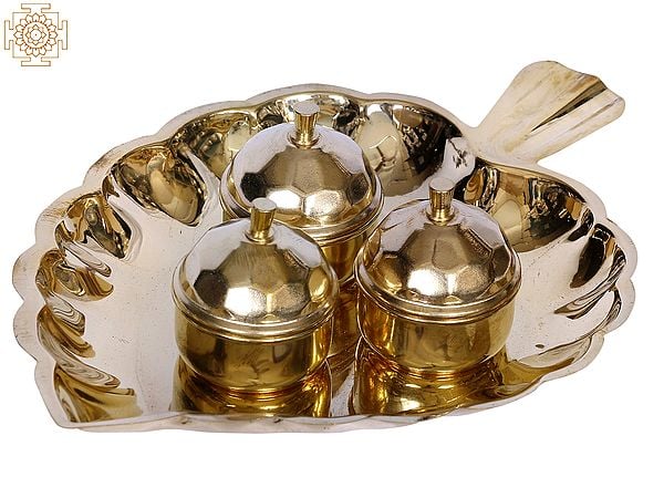 7" Brass Kumkum Three Bowls with Leaf Plate