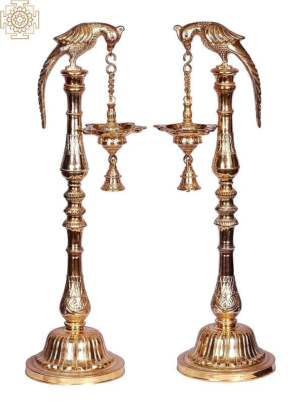 30" Gold Plated Two Parrot & Bell with Stand Lamp