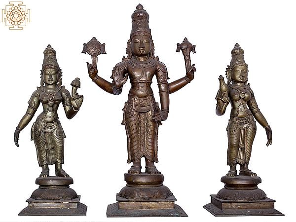 25" Lord Vishnu with Sridevi & Bhudevi Handmade Panchaloha Bronze Statue from Swamimalai