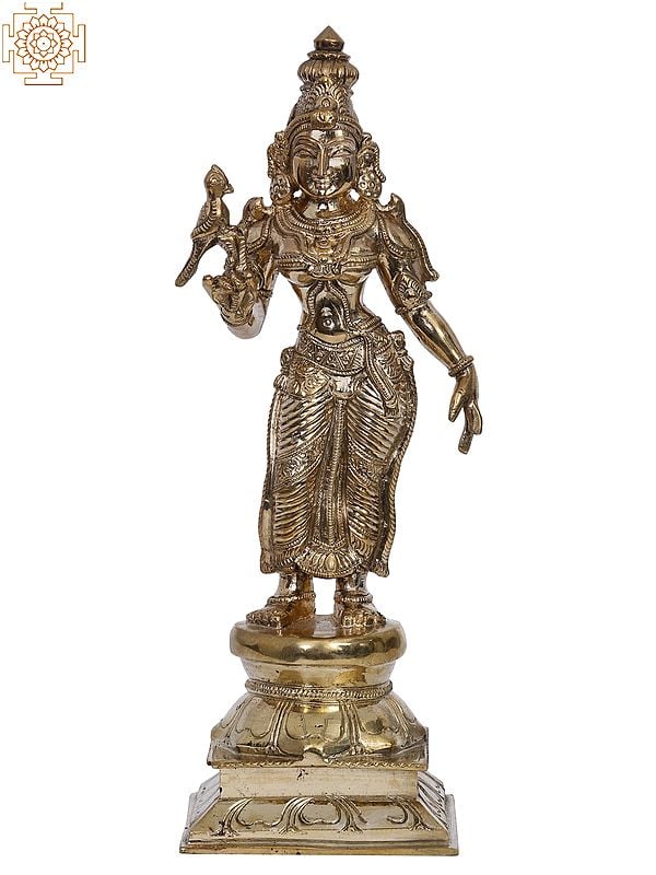 9" Bronze Goddess Parvati (Meenakshi Devi) Idol with Parrot | Madhuchista Vidhana (Lost-Wax) | Panchaloha Bronze from Swamimalai