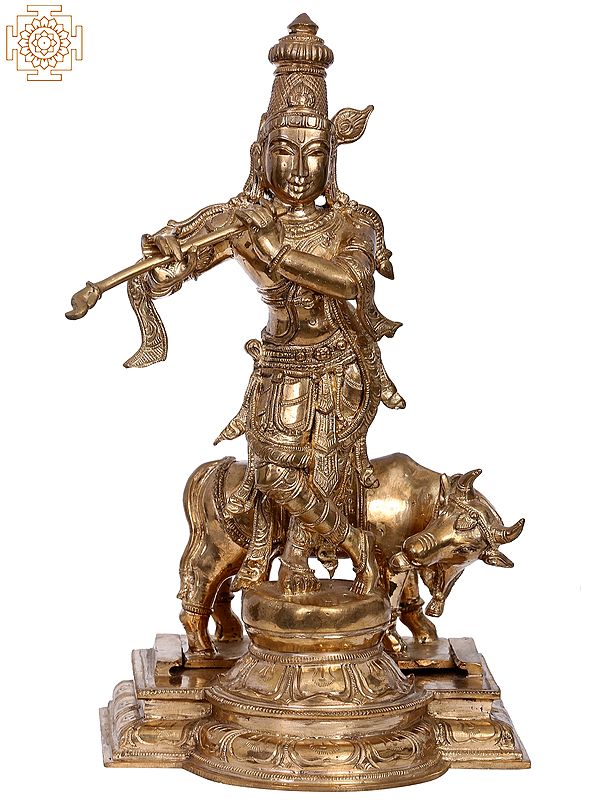 13" Bronze Lord Krishna Idol with Cow | Madhuchista Vidhana (Lost-Wax) | Panchaloha Bronze from Swamimalai