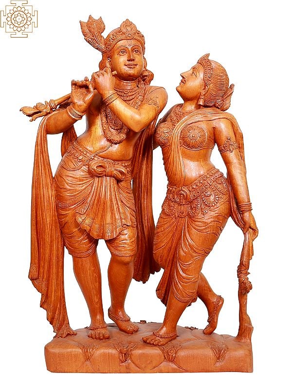 26" Wooden Radha Krishna Idol | Handmade Teakwood Statue