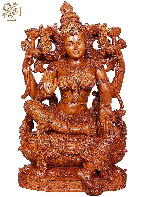 24" Wooden Goddess Lakshmi Seated on Lotus