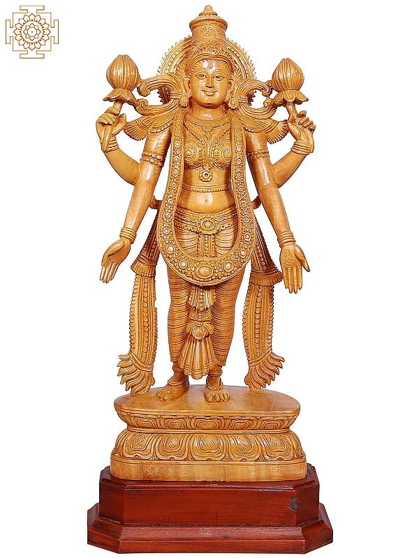 24" Four-Hand Goddess Lakshmi Teakwood Statue | Wooden Sculpture