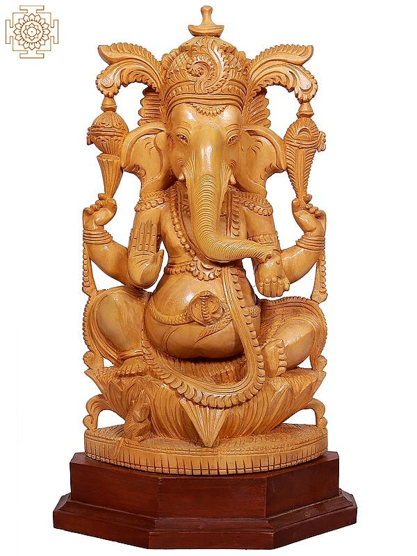 16" Teak Wood Lord Ganesha Statue Seated on Throne
