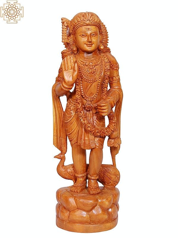 17" Wooden Standing Lord Kartikeya with Peacock