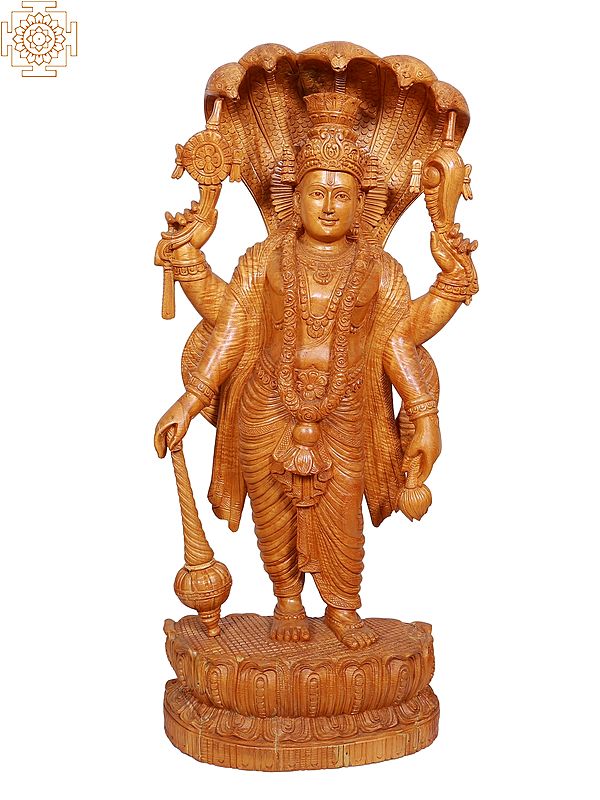 30" Wooden Lord Vishnu with Sheshnag