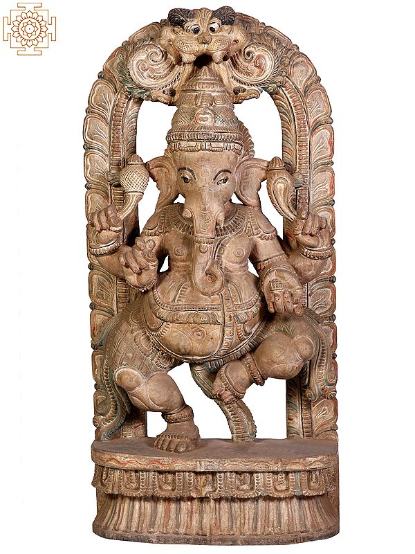 36" Large Wooden Dancing Lord Ganesha with Kirtimukha