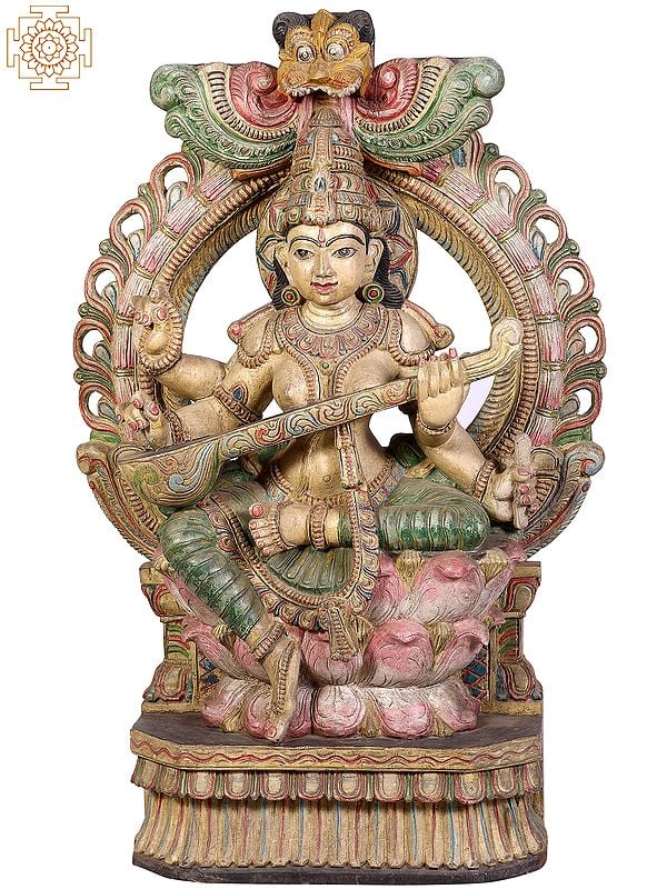 36" Large Wooden Goddess Saraswati with Kirtimukha