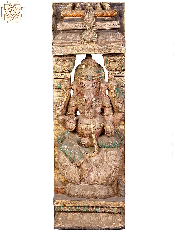 36" Large Wooden Lord Ganesha Seated on Lotus Pedestal