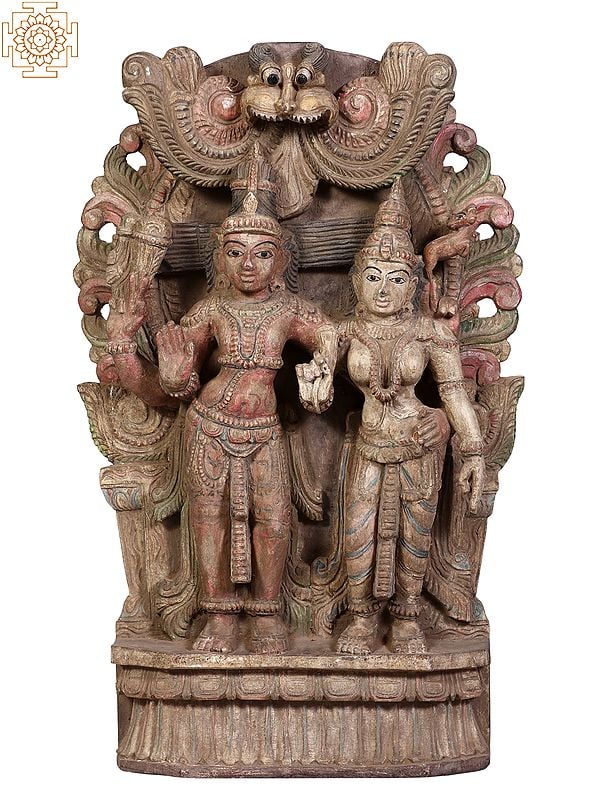 24" Wooden Standing Shiva-Parvati with Kirtimukha Throne