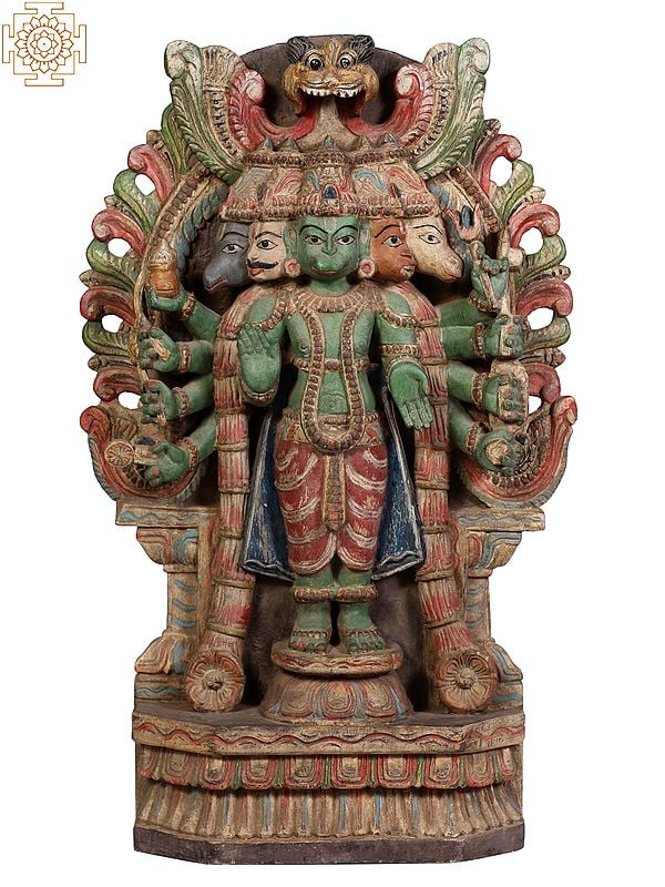 24" Wooden Standing Panchamukhi Lord Hanuman with Kirtimukha Throne
