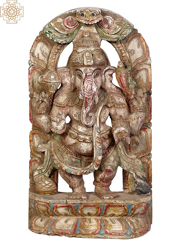 18" Wooden Ganapati Sculpture with Kirtimukha