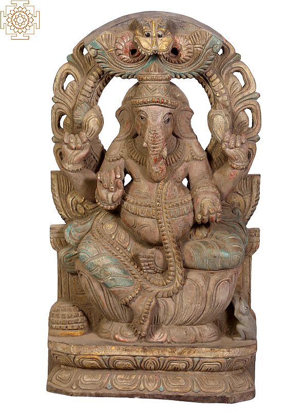 18" Wooden Chaturbhuja Lord Ganesha