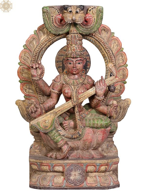 24" Wooden Goddess Saraswati Idol with Veena