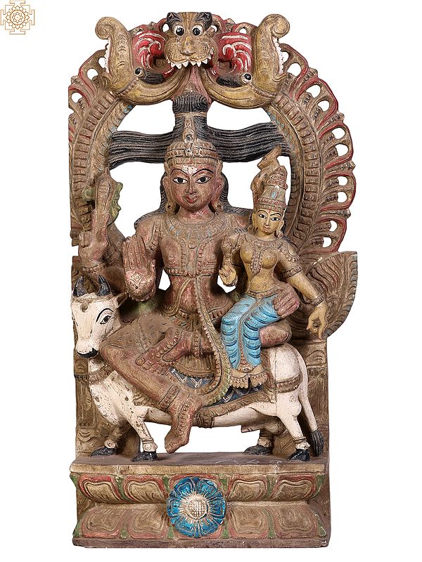 24" Wooden Lord Shiva (Rishabarudar) Idol with Maa Parvati Seated on Nandi