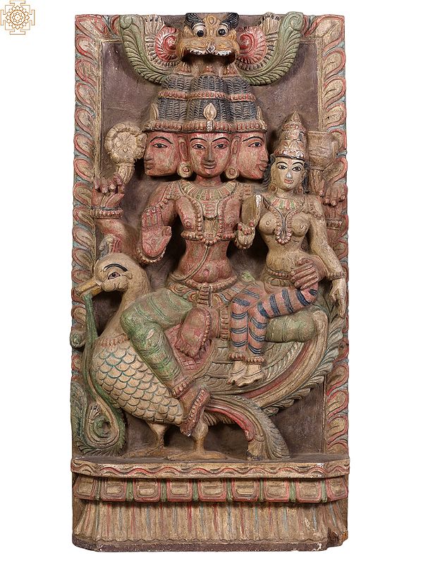 24" Wooden Bhagawan Brahma Idol with Devi Saraswati