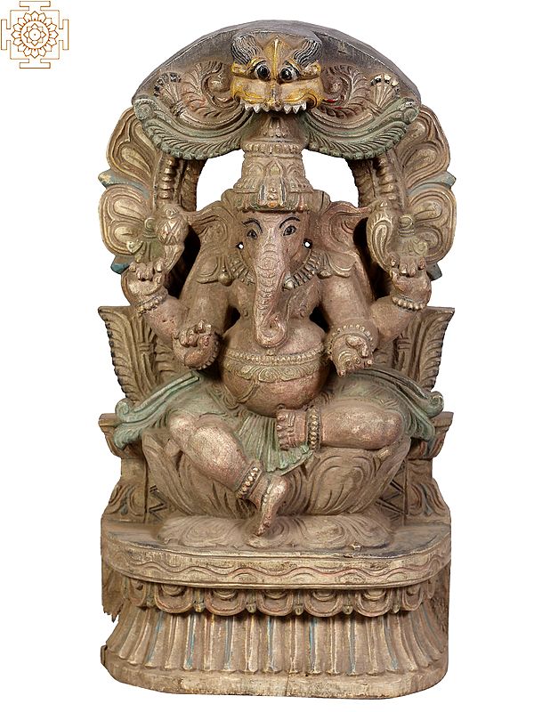 18" Wooden Ganesha Figurine Seated on Lotus