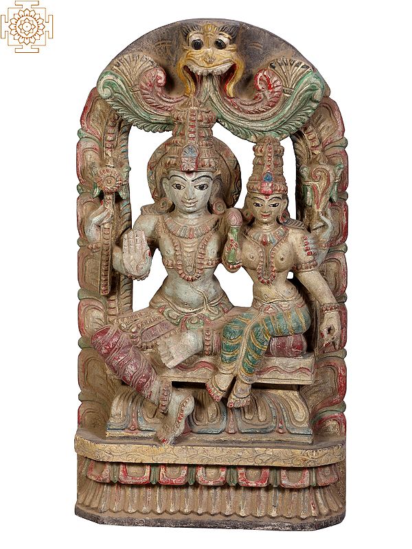 18" Wooden Lord Vishnu &  Devi Lakshmi Seated on Throne