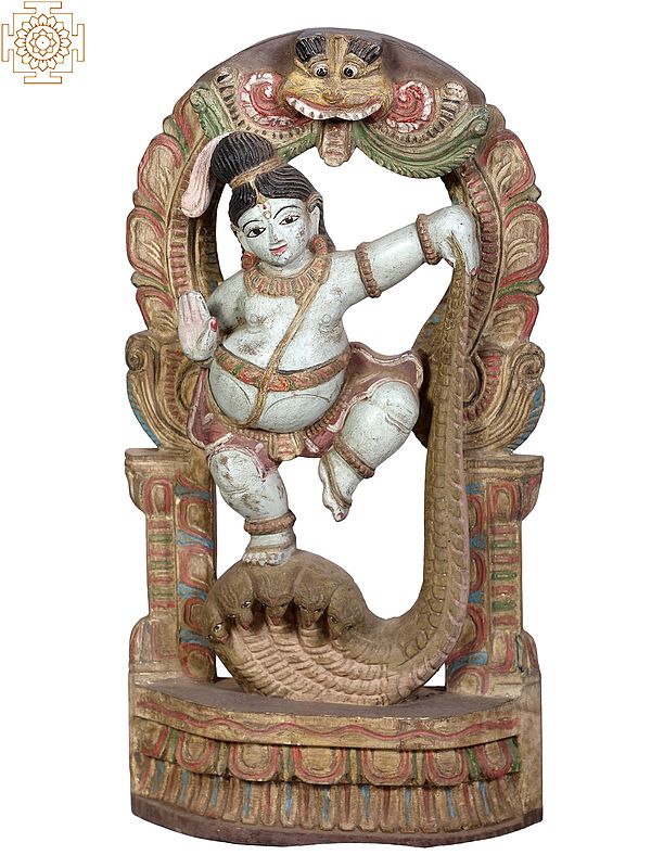 18" Wooden Krishna Dancing on Serpent Kaliya