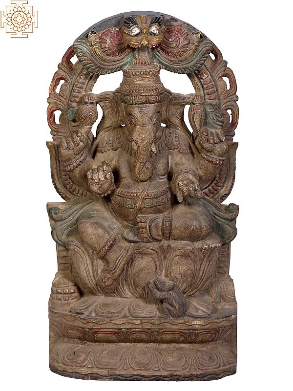18" Wooden Lord Ganapati Figurine with Kirtimukha