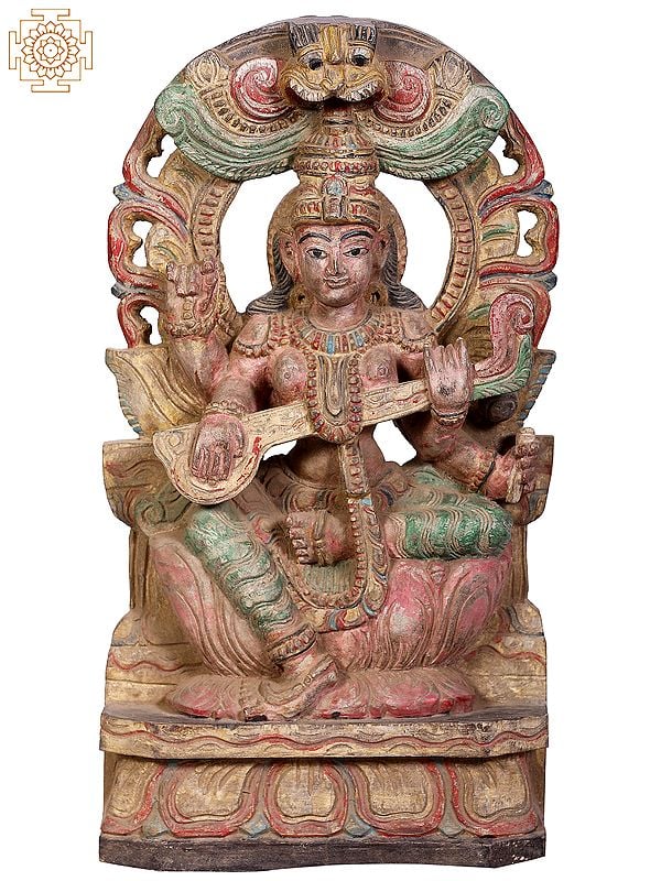 18" Wooden Goddess Saraswati Seated on Kirtimukha Throne
