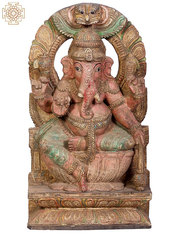 18" Wooden Lord Ganesha Seated on Kirtimukha Throne