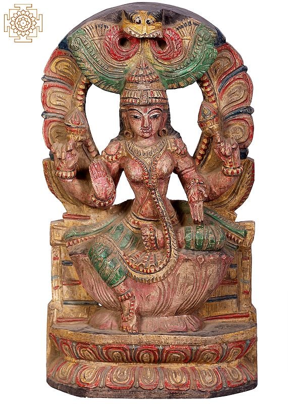 18" Wooden Goddess Lakshmi Seated on Kirtimukha Throne