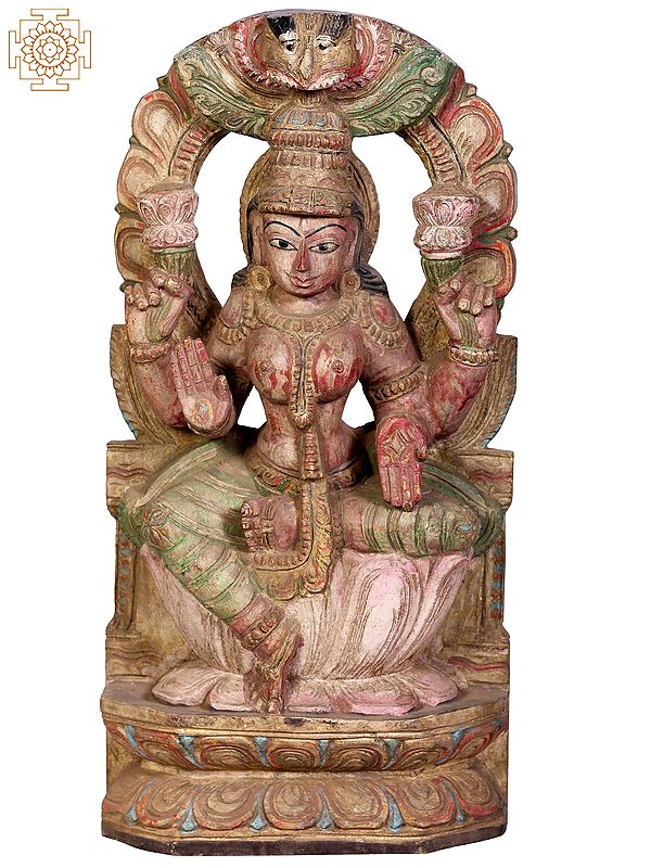 18" Wooden Goddess Lakshmi Seated on Kirtimukha Throne