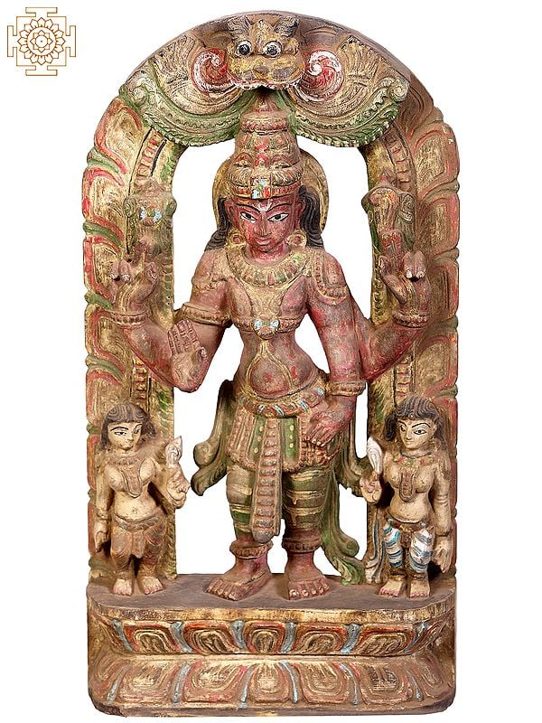 18" Wooden Standing Goddess Lakshmi with Kirtimukha