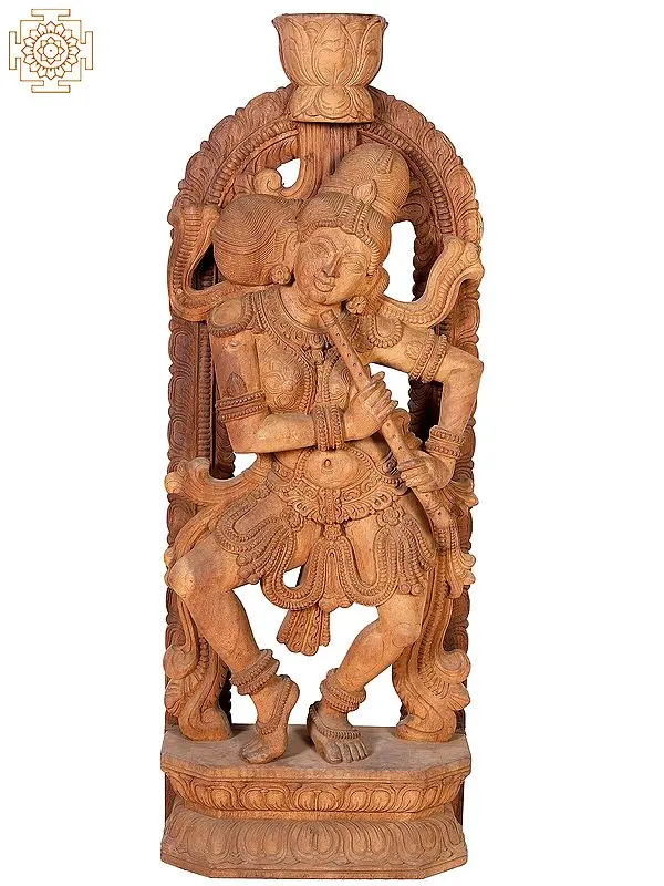 Large Wooden Dancing Lady Idol Playing Flute