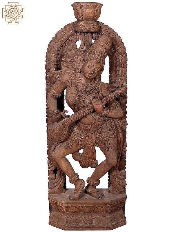 "Divine Musician"  Large Wooden Dancing Lady Playing Sitar