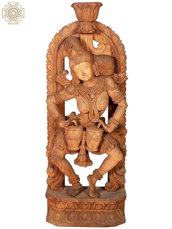 "Divine Musician" Large Wooden Dancing Lady Playing Drum