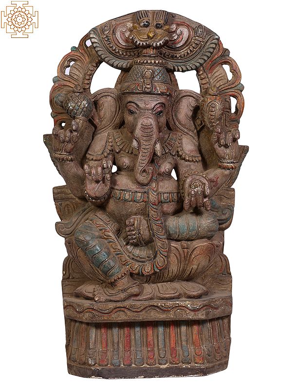 18" Wooden Lord Ganesha Sculpture Seated on Throne