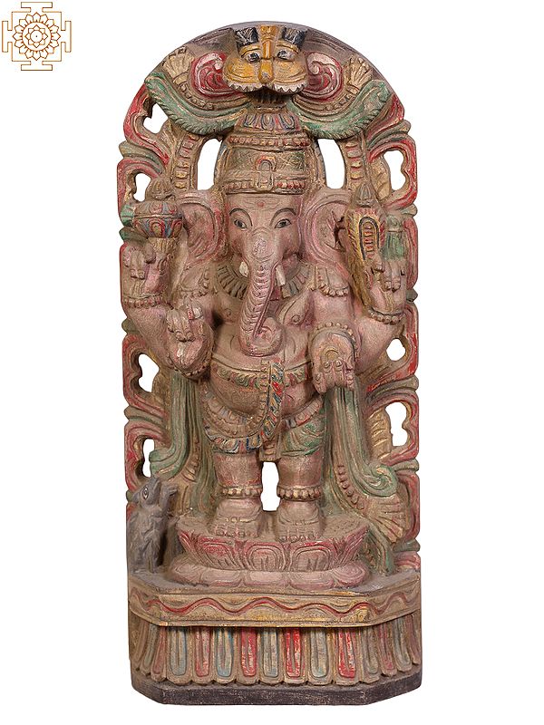 18" Four-Armed Standing Lord Ganapati Wooden Sculpture