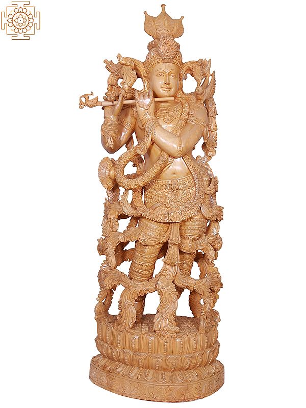 Large Wooden Lord Krishna Sculpture | Indian Crafted Idol