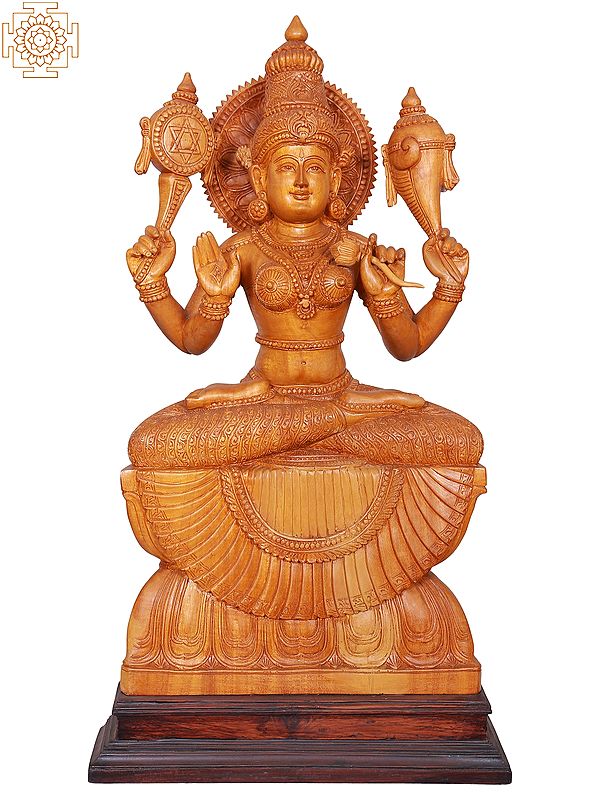 27" Wooden Goddess Lakshmi Sculpture