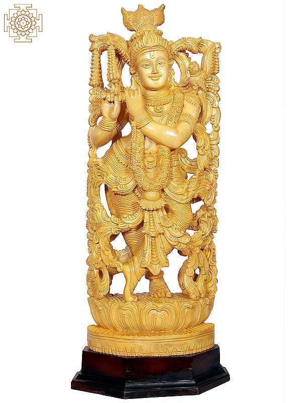 26" Wooden Lord Krishna Standing On Lotus Pedestal