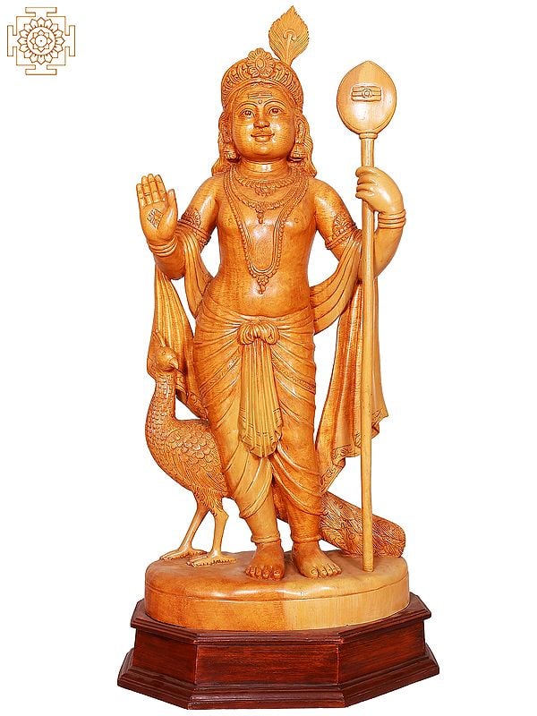 32" Large Wooden Karttikeya Sculpture | God Idol for Temple