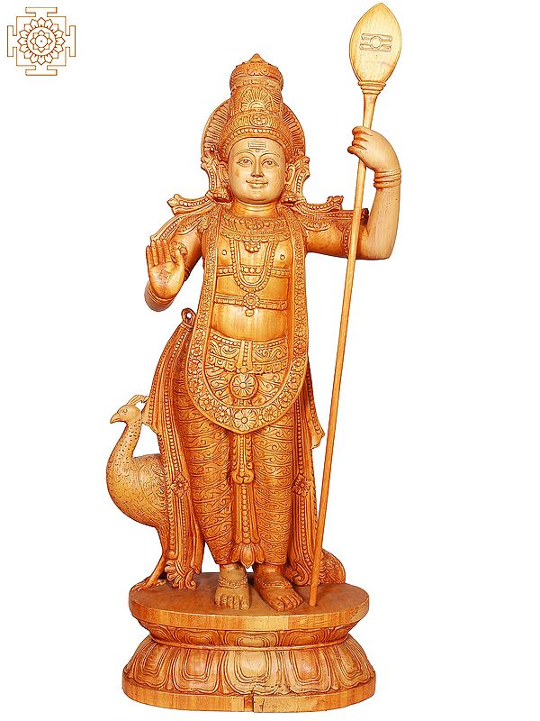 31" Large Standing Karttikeya Wooden Statue | Lord Murugan Idol