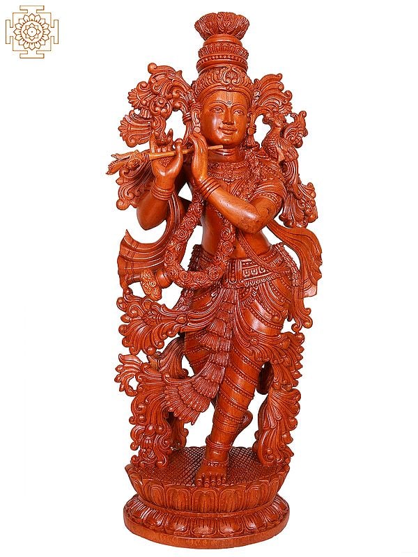 33" Large Wooden Lord Krishna Playing Flute